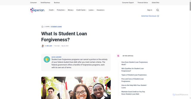 Security scan screenshot of https://www.experian.com/blogs/ask-experian/what-is-student-loan-forgiveness/