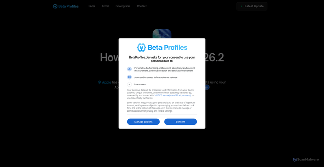 Security scan screenshot of https://betaprofiles.dev/install/ios-26/