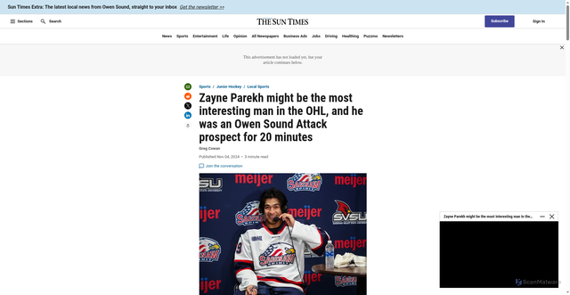 Security scan screenshot of https://www.owensoundsuntimes.com/sports/zayne-parekh-might-be-the-most-interesting-man-in-the-ohl-and-he-was-an-owen-sound-attack-prospect-for-20-minutes