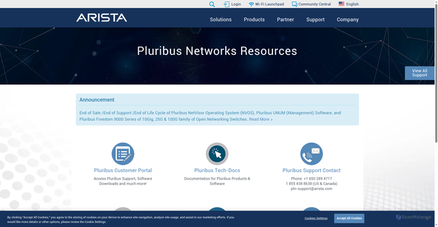Security scan screenshot of https://www.arista.com/en/support/pluribus-resources