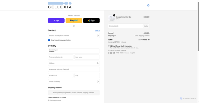Security scan screenshot of https://cellexialabs.com/checkouts/cn/hWNIIuJSkhochQmW0NVgm8OM/en-se?_r=AQABWu7S81yOcrHIIWTjcnSlvl5JYZ4wYTMLc2ZvLuCLVLGDwRhT&auto_redirect=false&edge_redirect=true&skip_shop_pay=true