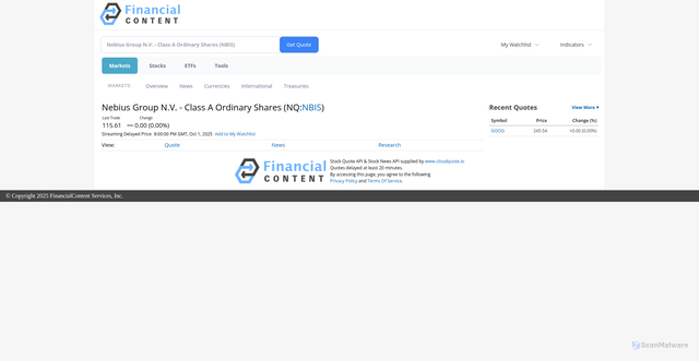 Security scan screenshot of https://markets.financialcontent.com/stocks.klrt/quote/chart?Symbol=NQ%3ANBIS