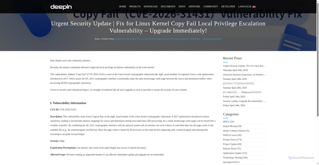 Security scan screenshot of https://www.deepin.org/en/linux-kernel-copy-fail-vulnerability-fix/