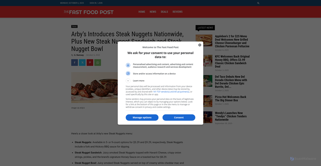 Security scan screenshot of https://www.fastfoodpost.com/arbys-introduces-steak-nuggets-nationwide-plus-new-steak-nugget-sandwich-and-steak-nugget-bowl/