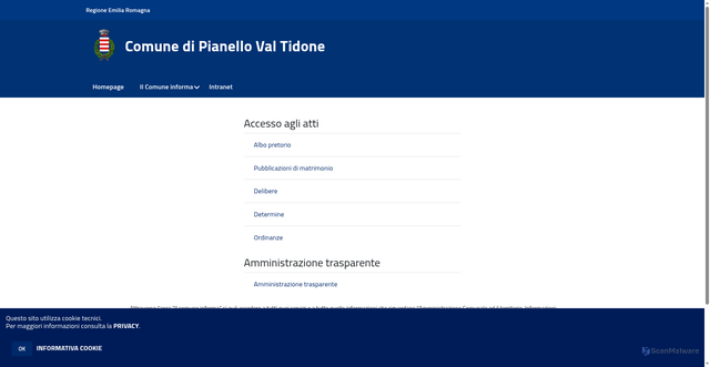 Security scan screenshot of https://www.comunepianellovaltidone.it/c033033/po/il-comune-informa.php?x=