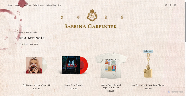 Security scan screenshot of https://store.sabrinacarpenter.com/collections/new-arrivals