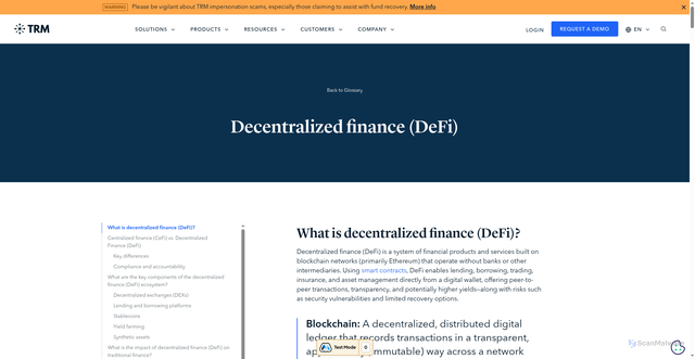 Security scan screenshot of https://www.trmlabs.com/glossary/decentralized-finance?scLang=en