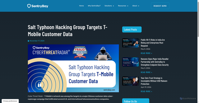 Security scan screenshot of https://sentrybay.com/salt-typhoon-hacking-group-targets-t-mobile-customer-data/