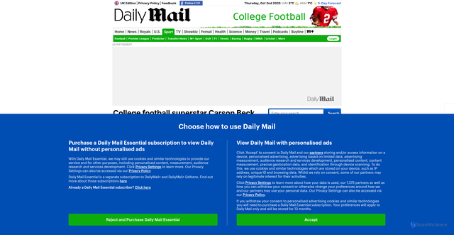 Security scan screenshot of https://www.dailymail.co.uk/sport/college-football/article-15154747/Carson-Beck-Hanna-Cavinder-split-miami-hurricanes.html