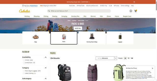 Security scan screenshot of https://www.cabelas.com/l/daypacks-backpacks