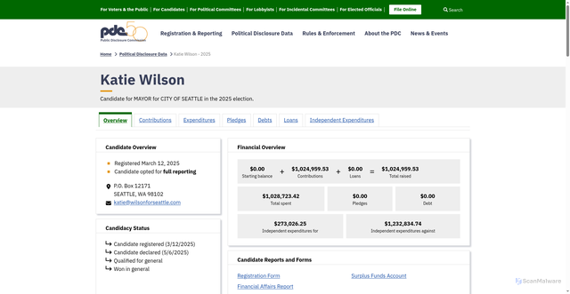 Security scan screenshot of https://www.pdc.wa.gov/political-disclosure-reporting-data/browse-search-data/candidates/3321650