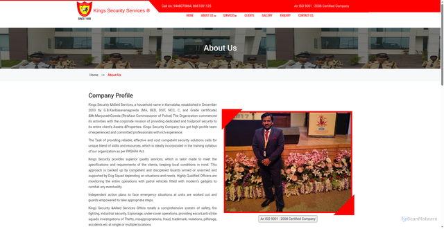Security scan screenshot of http://kingssecurityservices.embassyhost.in/about.html