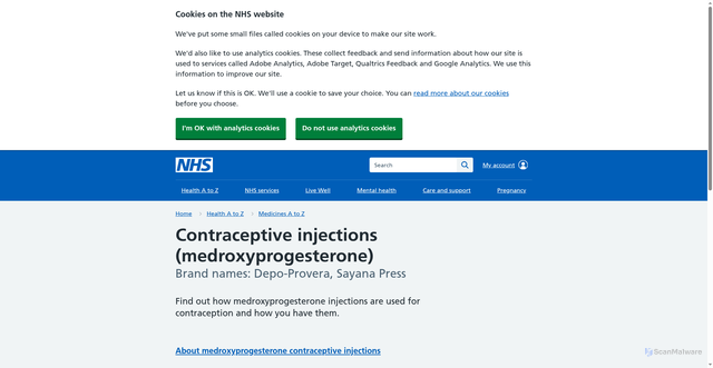 Security scan screenshot of https://www.nhs.uk/medicines/contraceptive-injections-medroxyprogesterone/
