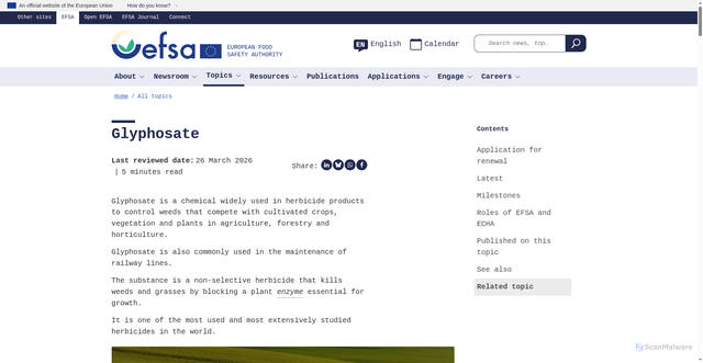 Security scan screenshot of https://www.efsa.europa.eu/en/topics/topic/glyphosate
