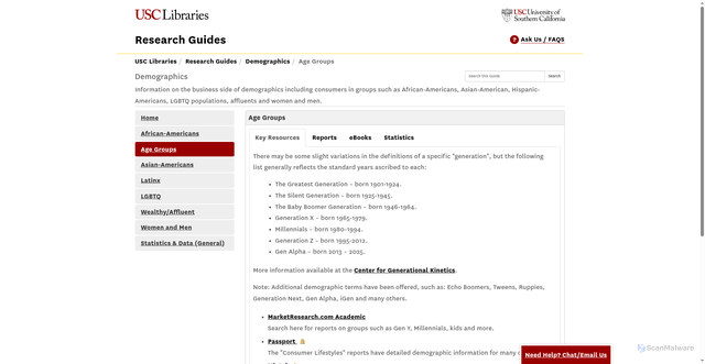 Security scan screenshot of https://libguides.usc.edu/busdem/age