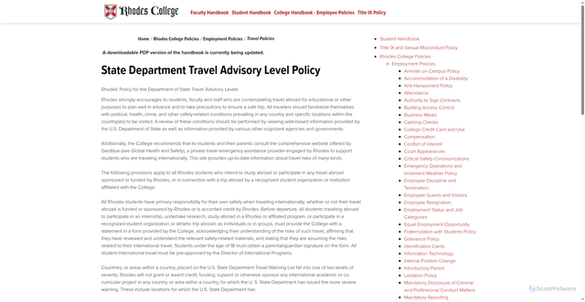 Security scan screenshot of https://handbook.rhodes.edu/college-handbook/travel-policies/state-department-travel-advisory-level-policy
