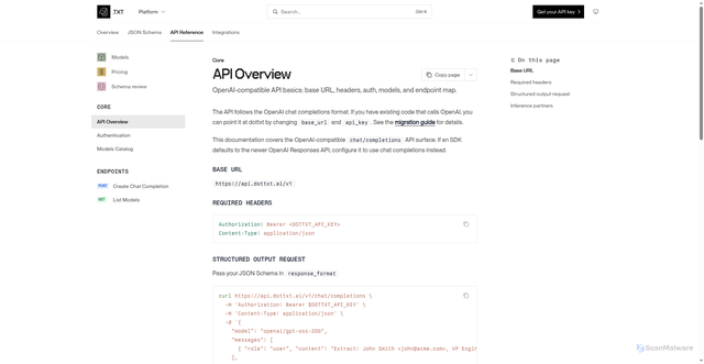 Security scan screenshot of https://docs.dottxt.ai/api/overview