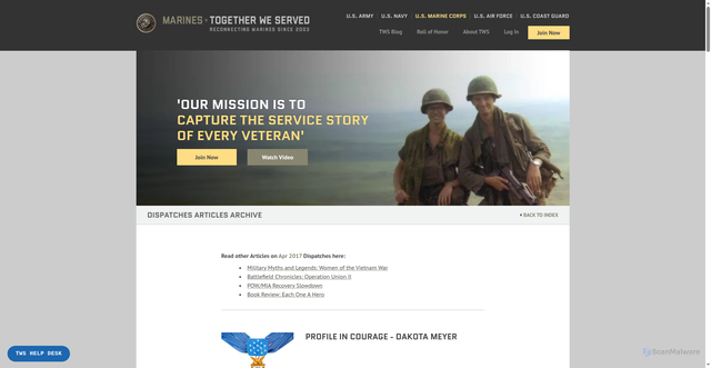Security scan screenshot of https://marines.togetherweserved.com/dispatches-articles/6/678/Profile+in+Courage+-+Dakota+Meyer