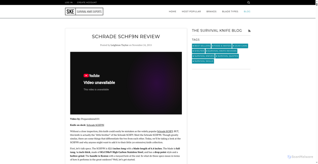 Security scan screenshot of https://www.survivalknifeexperts.com/blogs/the-survival-guide-blog/79937412-schrade-schf9n-review?comment=130554036273&page=118