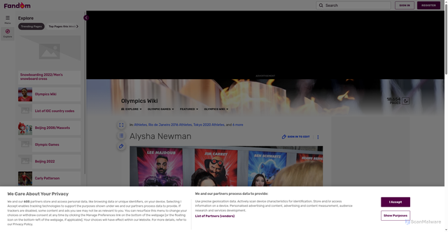 Security scan screenshot of https://olympics.fandom.com/wiki/Alysha_Newman