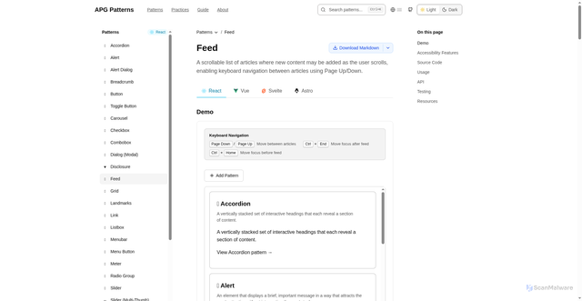 Security scan screenshot of https://apg-patterns-examples.pages.dev/patterns/feed/react/