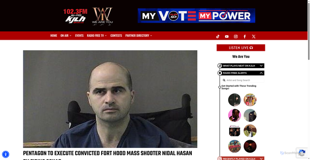 Security scan screenshot of https://kjlhradio.com/pentagon-to-execute-convicted-fort-hood-mass-shooter-nidal-hasan-by-firing-squad/