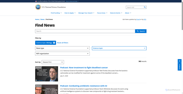 Security scan screenshot of https://new.nsf.gov/news/releases?f%5B0%5D=science_topics%3ABiology
