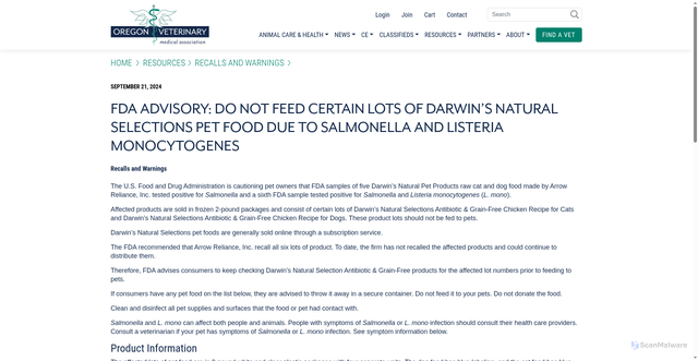 Security scan screenshot of https://www.oregonvma.org/resources/recalls-and-warnings/fda-advisory-do-not-feed-certain-lots-of-darwin%E2%80%99s-natural-selections-pet-food-due-to-salmonella-and