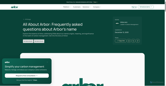Security scan screenshot of https://www.arbor.eco/blog/all-about-arbor-frequently-asked-questions-about-arbors-name