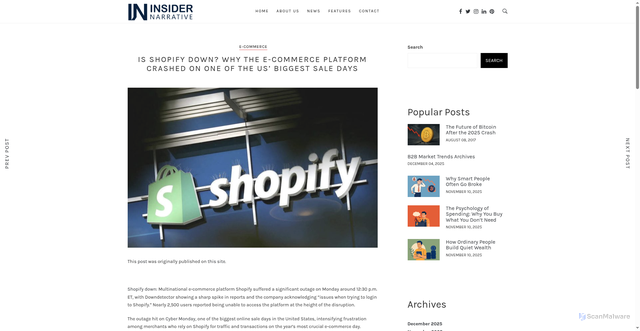 Security scan screenshot of https://insidernarrative.com/is-shopify-down-why-the-e-commerce-platform-crashed-on-one-of-the-us-biggest-sale-days/