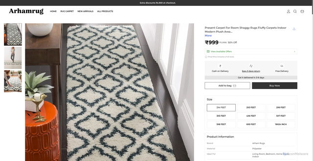 Security scan screenshot of https://arhamrug.shop/Present-Carpet-For-Room-Shaggy-Rugs-Fluffy-Carpets-Indoor-Modern/catalogue/kX9cDBeD/U7mKkKni