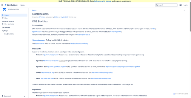 Security scan screenshot of https://cwiki.apache.org/confluence/spaces/SPAMASSASSIN/pages/119542597/DnsBlocklists#DnsBlocklists-dnsbl-block