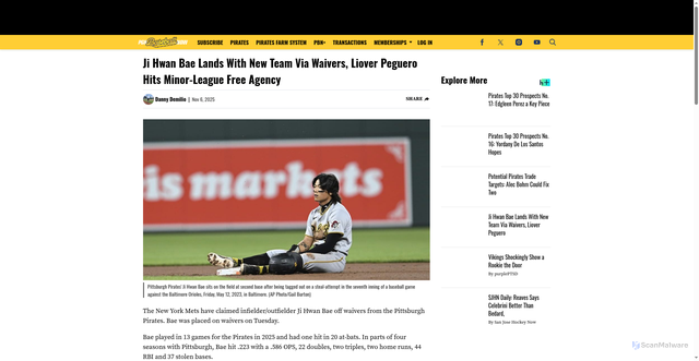 Security scan screenshot of https://pittsburghbaseballnow.com/ji-hwan-bae-pittsburgh-pirates-new-york-mets-roster-moves/