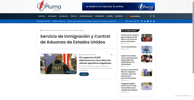 Security scan screenshot of https://plumadigital.com.do/tag/servicio-de-inmigracion-y-control-de-aduanas-de-estados-unidos/