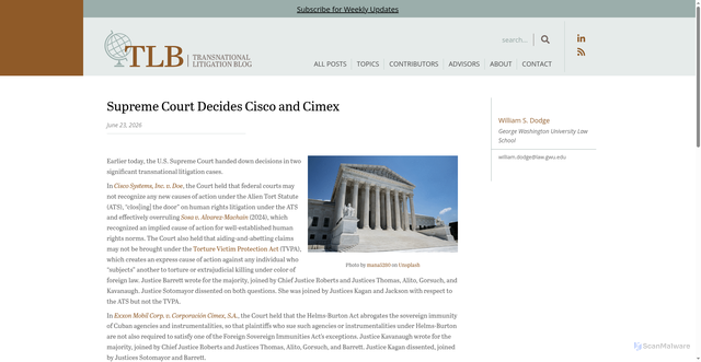 Security scan screenshot of https://tlblog.org/supreme-court-decides-cisco-and-cimex/