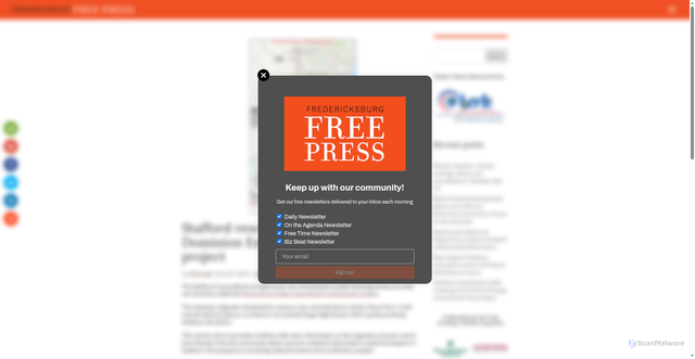 Security scan screenshot of https://www.fredericksburgfreepress.com/2026/02/20/stafford-reschedules-public-meeting-on-dominion-energy-transmission-line-project/