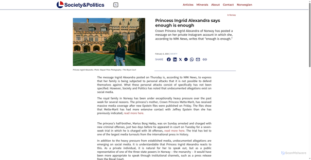 Security scan screenshot of https://samfunnogpolitikk.no/en/society/princess-ingrid-alexandra-says-enough-is-enough