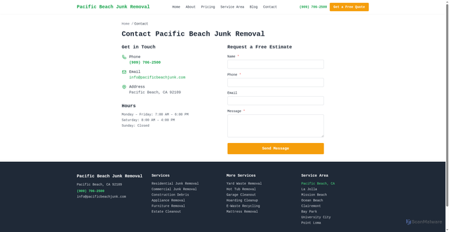 Security scan screenshot of https://pacific-beach-junk-removal.pages.dev/contact/