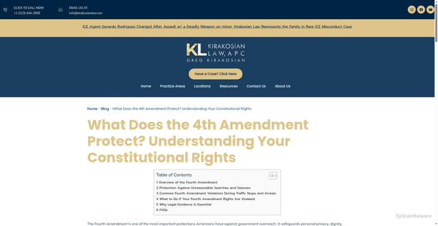 Security scan screenshot of https://kirakosianlaw.com/blog/what-does-the-4th-amendment-protect-understanding-your-constitutional-rights/
