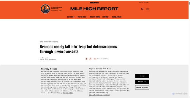 Security scan screenshot of https://www.milehighreport.com/denver-broncos-scores-results/160201/broncos-vs-jets-final-score-london-bo-nix-pat-surtain
