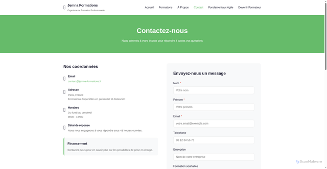 Security scan screenshot of https://jemna-formations.fr/contact.html?formation=agilite