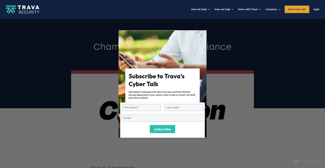 Security scan screenshot of https://travasecurity.com/learn-with-trava/case-studies/champions-rapid-compliance-journey-with-trava/