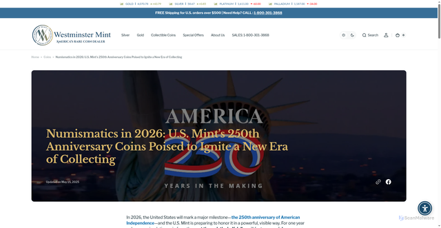 Security scan screenshot of https://westminstermint.com/blogs/coins/250th-anniversary-coins?srsltid=AfmBOopqYObt96MtFu3b_wnyzke2QszoIt0Gze8W2drc9yP2WgOWVu_T