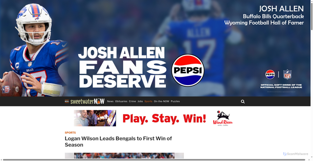 Security scan screenshot of https://www.sweetwaternow.com/logan-wilson-leads-bengals-to-first-win-of-season/