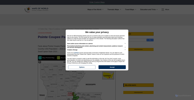 Security scan screenshot of https://www.mapsofworld.com/usa/states/louisiana/counties/pointe-coupee-parish-map.html
