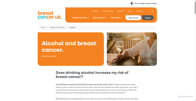 Security scan screenshot of https://www.breastcanceruk.org.uk/health-and-lifestyle-breast-cancer-risk/alcohol-breast-cancer-risk/