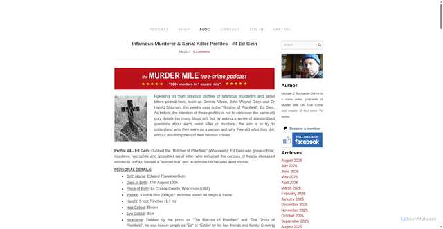 Security scan screenshot of https://www.murdermiletours.com/blog/infamous-murderer-serial-killer-profiles-4-ed-gein