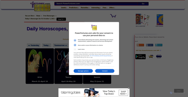Security scan screenshot of https://www.powerfortunes.com/daily-horoscopes.php?srsltid=AfmBOoodt5rEXFRIURUy6jo9qdeBTVyhjAz_sOLUWzegFeO-2KLvI7Qs