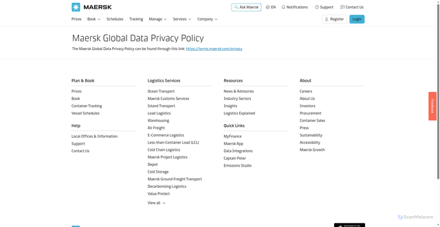 Security scan screenshot of https://www.maersk.com/privacy-policy/