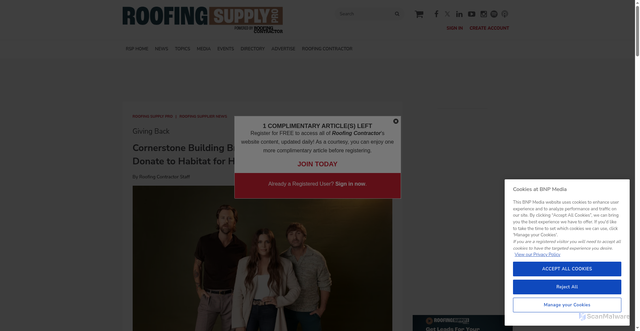 Security scan screenshot of https://www.roofingcontractor.com/articles/101688-cornerstone-building-brands-partners-with-lady-a-to-donate-to-habitat-for-humanity